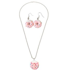 Cute Colorful Doughnut Earring Necklace Set Sweet Snack Donut Dangle Drop Earring Doughnut Pendant Necklace Creative Jewelry for Women-Pink