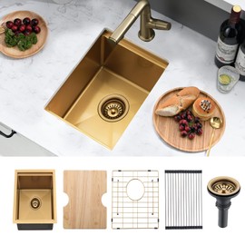 WMXQX 13 Inch Undermount Bar Sink Gold Workstation,13x18 Bar Sink Undermount Gold Small Kitchen Sinks 18 Gauge Stainless Steel Single Bowl Kitchen Wet Bar Sinks with Accessories
