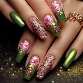 MIXFOSAHN Flower Press on Nails Medium Coffin Fake Nails Green Pink False Nails with Gold Glitter Designs Glossy Full Cover Stick on Nails Glue on Nails Spring Acrylic Nails for Women Girls 24 Pcs