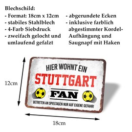 Stuttgart Fan Tin Sign - Metal Sign with Cord and Suction Cup - Hanging Sign for Fans Ultras Pendant Enthusiasts - Wall Decoration Door Decoration for Man Cave Teenager's Room Workshop Living Room - 18 x 12 cm