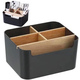 Desk Organiser, 5 Compartments Bamboo Table Organiser Desktop Office Organiser with Pen Holder, Desktop Pen Wooden Desktop Storage Box, Multi-Purpose Storage Box for Office, School and Household