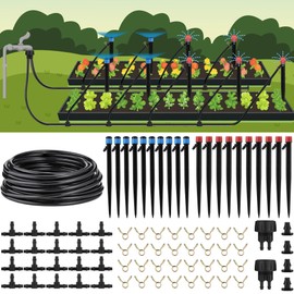 Mornajina Automatic Drip Irrigation System Kit Garden Irrigation System, Includes 110FT 1/4" Irrigation Tubing & Drip Emitters Vortex & Drip Emitters Steam & Tee Connectors for Garden Watering System