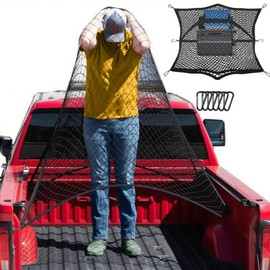 Pickup Truck Double-Deck Cargo net, Trucks Cargo Net Mesh Organizer Stretchable net for Pickup Trucks, car Trunks, SUVs,Compatible with Trailers, Ford, Chevy, Dodge（Stretchable 4'x4' to 7'x7'）