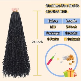 WoWCFyyds 8 Packs Crochet Braids Hair Curly 24 Inch Goddess Box Braids Crochet Hair Bohemian Hippie Braids Extensions with Curly Ends Synthetic Hair Extensions for Braids (1B)