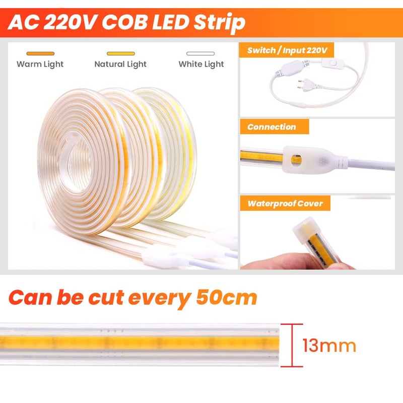Xunata 230 V COB LED Strip with Switch, 360 LEDs/m