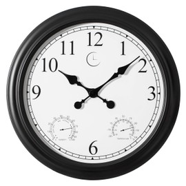 24-inch Large Outdoor Wall Clock Thermometer Combo, Waterproof Hygrometer Silent Battery-Operated Clocks Timepiece Garden Weather Master Station for Home Indoor or Patio Black with Decorative Frame