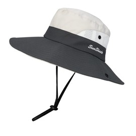 KorhLeoh Women Sun Hat UV Protection Mesh Wide Brim Beach Fishing Hat with Ponytail Hole, Beige grey