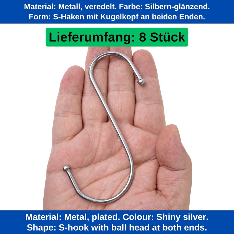 S-Hooks for Hanging, Pack of 8, in Silver, Metal Hooks
