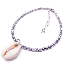 Cowrie Shell Anklet Silver Color Glass Seed Beads with Shell Charm : Adjustable 8.75-11 inches