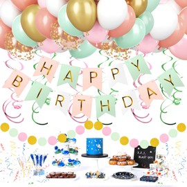 CANREVEL Pink White Green Birthday Decorations, Happy Birthday Banner, Metallic Hanging Swirls, Circle Dots Garland, Party Balloons, Pastel Birthday Party Supplies for Women Men Boys Girls