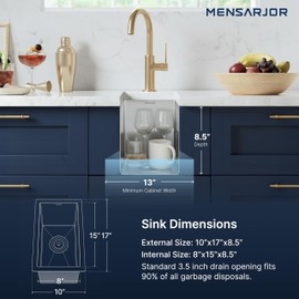 MENSARJOR Undermount Kitchen Sink, Premium 304 Stainless Steel Bar Sink,Single Bowl RV Sink, Handmade Basin Small Kitchen Sink,10"X17"Inch