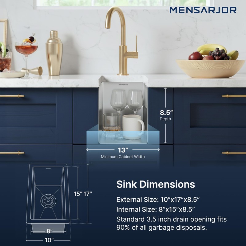 MENSARJOR Undermount Kitchen Sink, Premium 304 Stainless Steel Bar Sink,Single