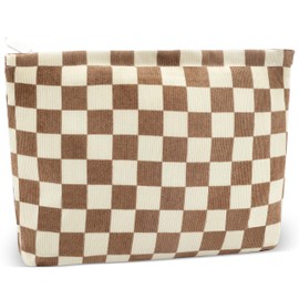 ZLFSRQ Checkered Makeup Bag for Women Girls Large Capacity Brown Corduroy Travel Cosmetic Bag Set Makeup Pouch for Purse Zipper Toiletry Organizer Cute Y2K Aesthetic Trendy Makeup Brushes Storage Bag
