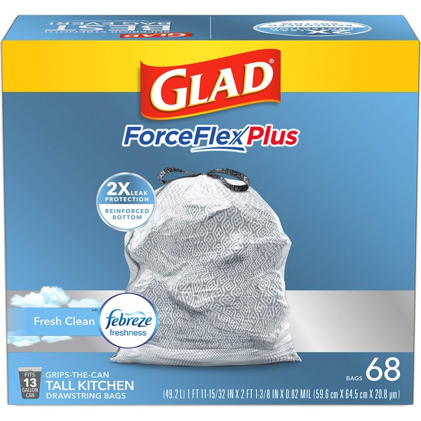 Glad ForceFlex Drawstring Tall Kitchen Trash Bags, 13 Gallon, Fresh Clean, 68 Count (Packaging May Vary)