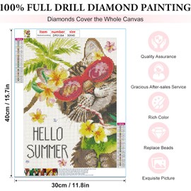 EIBEILI Cat Diamond Art Kits for Adults,5D Summer Diamond Painting Kits for Beginners,DIY Round Full Drill Painting with Gem Art Craft Kits for Home Wall Decor 12x16inch