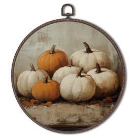 XNXLDYLH Rustic Fall Pumpkin Round Framed Wall Art Decor, Vintage Farmhouse Hanging Wall Decor Decorations, Autumn Fall Canvas Prints Wall Art Pictures Paintings for Bedroom Living Room, 10x10 Inch