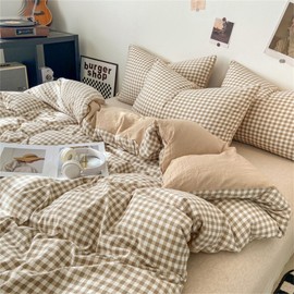 Covebett Beige Gingham Duvet Cover Single Beige Brown Gingham Plaid Checkered Grid Bedding Set Check Modern Washed Microfiber Comforter Cover 135x200 cm with Zipper Closure and 1 Pillowcase 50x75 cm