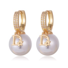 GAUEIOUR D Pearl Dangle Earrings,Pearl Shell Pearl Full Diamond Ear Buckle Earrings for Women, Hoop Earrings, Fashion Retro Style Copper Plated Letter D Earrings