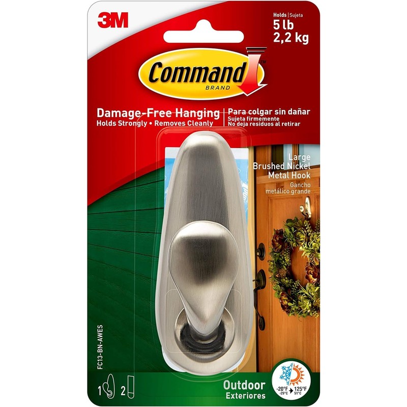 Command Outdoor Metal Hook, 1 Hook, 2 Strips, Water-Resistant Strips