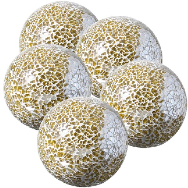 WHOLE HOUSEWARES | Decorative Balls | Decorative Balls for Centerpiece Bowls | Gold Bowls Decorative Set of 5 | Glass Mosaic Sphere | Diameter 3" | Modern Decorative Orbs (Gold)