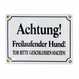 Sosenco Enamel Sign "Achtung! FREILAUFENDER Hund! Tor Bitte GESCHLOSSEN HALTEN!" 15 x 20 cm Warning Sign Weatherproof Sign Enamel Dog Warning