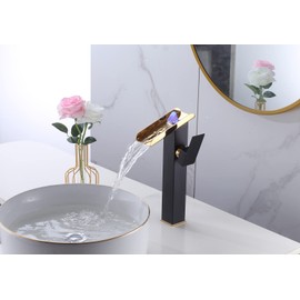 Bathroom Vessel Sink Faucet LED Light Black Gold,Hydropower LED 3 Colors Changing Waterfall Spout, Hot and Cold Water Mixer, Single Handle Single Hole Commercial Residential Bathroom Tap Faucet