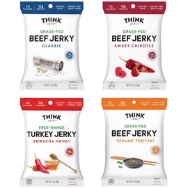 Jerky Variety Pack by Think Jerky — Delicious Chef Crafted Jerky — 100% All-Natural Grass-Fed Beef and Free-Range Turkey — Healthy Protein Snack Low in Calories, Salt and Fat — 1 Ounce (8 Pack)