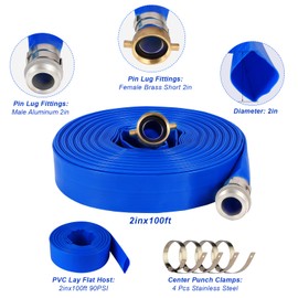BAYISAM 2'' ID x 100 FT PVC Discharge and Backwash Hose with Aluminum Pin Lug Fittings for Swimming Pools, Heavy Duty Reinforced Hose,Blue
