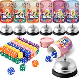 RoundFunny 6 Sets Bunco Game Kit Party Supplies for Ladies Night Family Group Board Games 72 Colorful Dice 6 Bells 6 Dice Cups with Lids Christmas Bunco Gift for Women up to 6 Groups of 2-12 Players