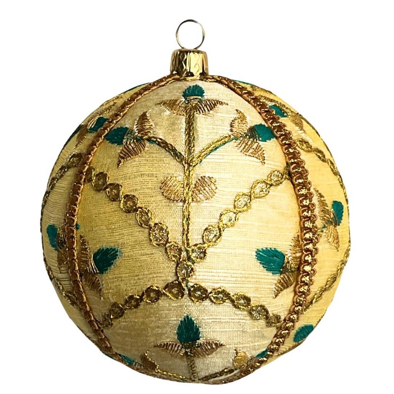 Lalit 10cm Beige Bauble with Gold Embroidery & Teal Accents