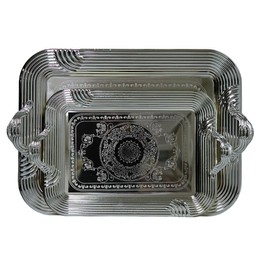 Middle Eastern Iranian Persian Turkish Serving Tea Fruit Nuts Tray 2-Piece Set 18"+14" Rectangle Silver Plated Stainless Steel