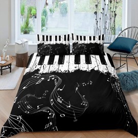 Homewish Piano Keys Comforter Cover Rotating Musical Notes Duvet Cover Tie Dye Bedding Set For Kids Boys Girls Retro Music Theme Bedclothes Bedroom Decor With 1 Pillow Case Single Size Balck White