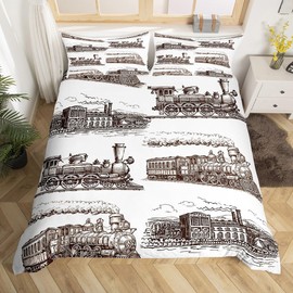 Manfei Train Duvet Cover Set Single Size, Retro Steam Locomotive Train Bedding Set 2pcs for Kids Boys Adults Bedroom Decor, Vintage Train Comforter Cover Soft Polyester Quilt Cover with 1 Pillowcase