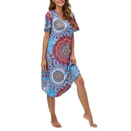 Hotolove Women's Sleepwear Casual Nightshirts Long Nightgown Full Slip Sleep Nightshirt Sleepwear Lounge Dress (X-Large, Mix Blue)