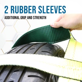 Boxer Tow Dolly Basket Straps with Twisted Snap Hooks and Rubber Sleeve Extra Security 2 Pack – Wheel Bonnet Tie Down System – 15”-19” Tires, 10,000lbs Breaking Strength – Wheel Car Basket