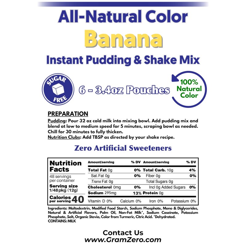GramZero Natural Color BANANA Sugar Free Pudding Mix 6-Pack, Great