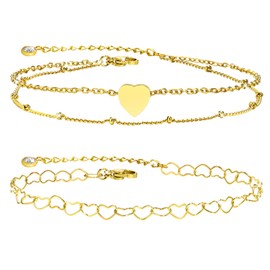 FLHEART Silver Heart Anklet for Women - 2 Pieces Waterproof Heart Chain and Double Anklet with Balls for Women Girls Adjustable Summer Beach Sandal Barefoot Anklet Jewellery Gifts, Metal