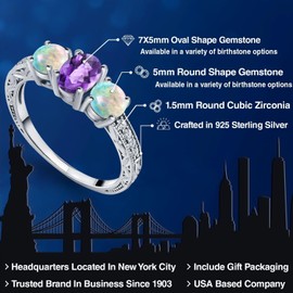 Gem Stone King 925 Sterling Silver Purple Amethyst and White Simulated Opal Engagement Ring For Women (1.87 Cttw, Oval Checkerboard Gemstone Birthstone, Available in size 5, 6, 7, 8, 9)
