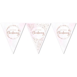 Anniversary House On Your Christening Paper Flag Bunting | Foil Stamped Shiny Design | Pink Rose Gold Christening Party Decorations | 11 Flags Banner Decoration | Banner for Girls| J094