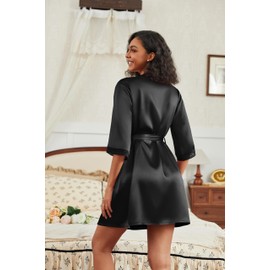 Ekouaer Women's Satin Robes 3/4 Sleeve Silk Robes Short Kimono Sexy Bride Bathrobes Lace Trim Loungewear with Pockets