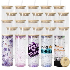 25 Pack Snow Globe Tumbler, 25oz Snowglobe cups with Pre Drilled Hole, Sublimation Double Wall Glass Cups Blanks with Bamboo Lid and Plastic Straw, Glitter Snow Globe Cup for DIY