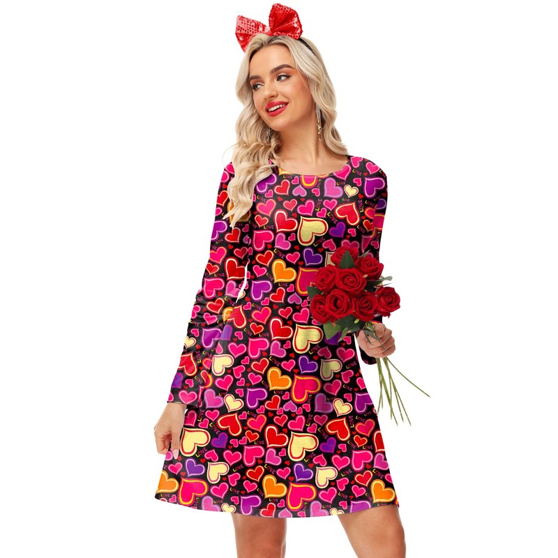 Valentine Dress for Womens Love Heart Printed Party A-Line Long