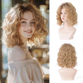 Short Ombre Blonde Wavy Bob Wig for Women 14 Inch Shoulder Length Curly Free Part Synthetic Wig for Daily and Party Use with Natural Look (Blonde, 14 Inch)