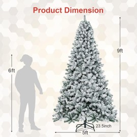 DORTALA 9ft Snow Flocked Hinged Artificial Christmas Tree Unlit Holiday Decor with Metal Stand