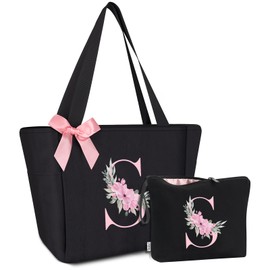 Vavabox 2 Pcs Gift Set Initial Tote Bag&Letter Makeup Bag,Gifts For Women&Bridemaid,Ideal For Wedding&Birthday(S, Black)