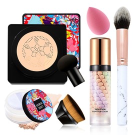 6 PCS Mushroom Head Foundation Set,Mushroom Head Air Cushion CC Cream,Moisturizing Oil Control Natural Foundation,Air Cushion Concealer Moisturizing Foundation with Makeup Sponge