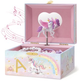 Lolalet Joyero de unicornio para niñas, organizador de joyas musicales con inicial con muñeca giratoria, regalos de cumpleaños personalizados para niñ