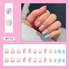 24Pcs French Tip Press on Nails Short Square Fake Nails with Multi Color Ripple Designs Glossy Acrylic Nails Full Cover Glue on Nails Artificial Cute Summer False Nail for Women