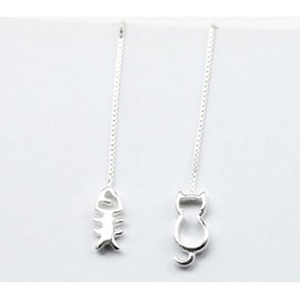Iszie 925 Sterling Silver Cat Fish Theader Dangle Long Pull Through Drop Earrings for Girls Women