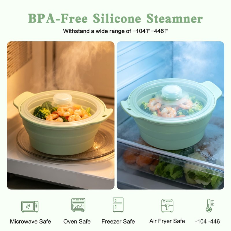 42oz Upgraded Silicone Foldable Microwave Steamer (Light Green)